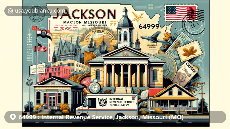 Modern illustration of Internal Revenue Service, Jackson, Missouri, showcasing postal theme with ZIP code 64999, featuring McKendree Chapel and The Oliver House Museum.