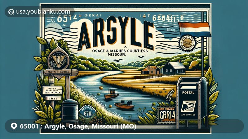 Modern illustration of the Argyle area in Osage and Maries counties, Missouri, with ZIP code 65001, showcasing rural beauty with lush greenery around Loose Creek and the Maries River, featuring Missouri state symbols and vintage postal elements.