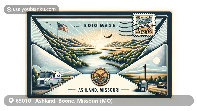 Vintage-style air mail envelope revealing serene river landscape inside, symbolizing natural beauty of Ashland in Boone County, Missouri, with Missouri state flag stamp and ZIP code 65010.