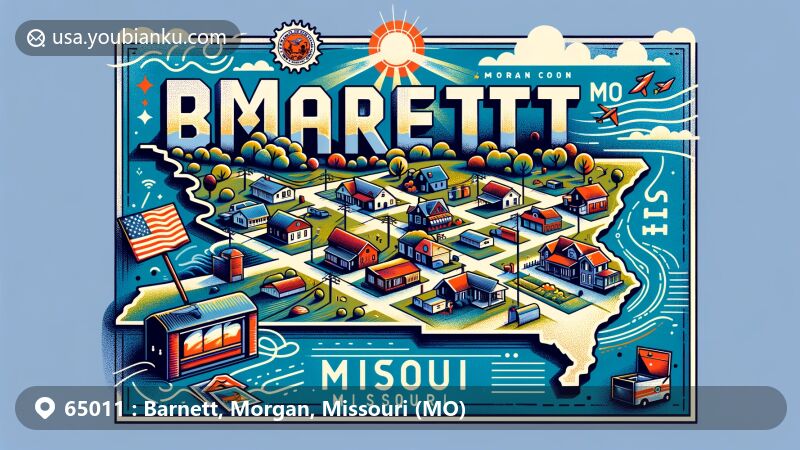Modern illustration of Barnett, MO, showcasing postal theme with ZIP code 65011 in Morgan County, Missouri, featuring close-knit community vibe with residential homes and postal elements.