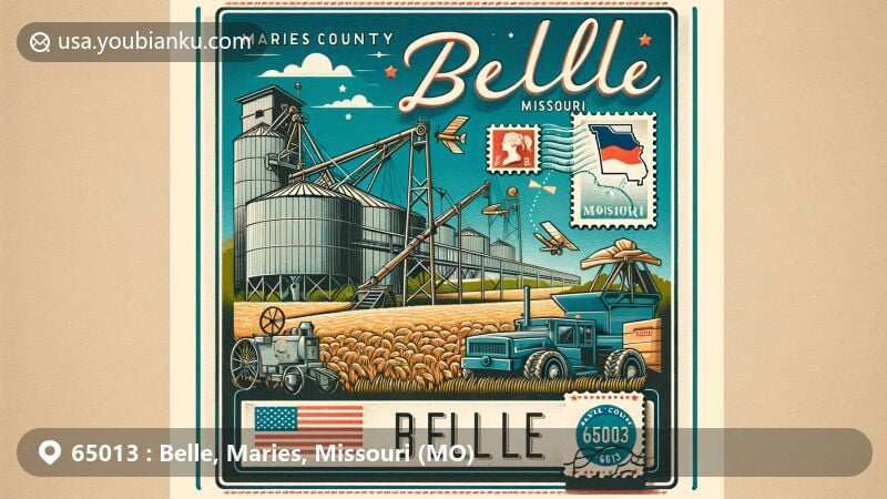 Modern illustration of Belle, Maries County, Missouri, celebrating ZIP code 65013, featuring rural and postal themes with a grain conveyor, airmail elements, and Maries County outline.
