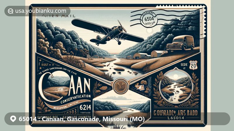 Modern illustration of Canaan, Gasconade County, Missouri, featuring vintage aviation envelope with ZIP code 65014, showcasing Canaan Conservation Area's natural beauty and conservation efforts, including Missouri Route 28 sign, Red Oak Creek, and state symbols.