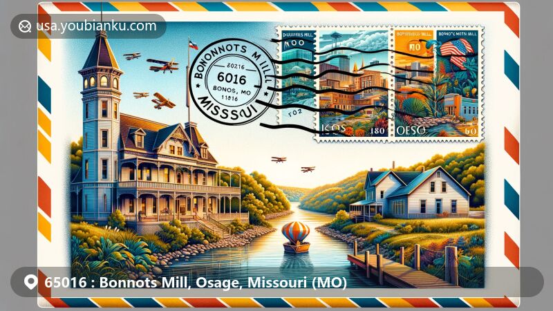 Modern illustration of Bonnots Mill, Missouri, showcasing postal theme with ZIP code 65016, featuring Dauphine Hotel, Bonnots Mill Historic District, and natural beauty of Osage and Missouri Rivers.
