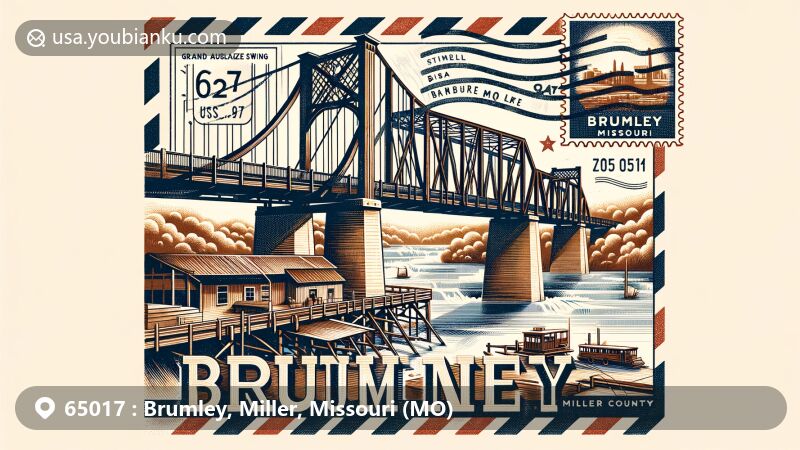 Modern illustration of Brumley, Miller County, Missouri, centered on the Grand Auglaize Swinging Bridge, incorporating postal theme with vintage postcard and air mail envelope details, featuring Missouri map outline, Lake of the Ozarks State Park elements, and Brumley's postal symbols.