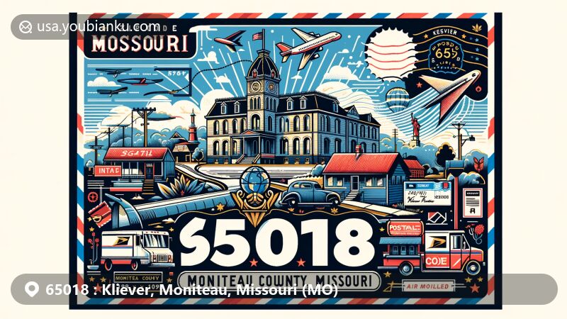 Modern illustration of Kliever, Moniteau County, Missouri, showcasing postal theme with ZIP code 65018, featuring Moniteau County Courthouse Square and local symbols.