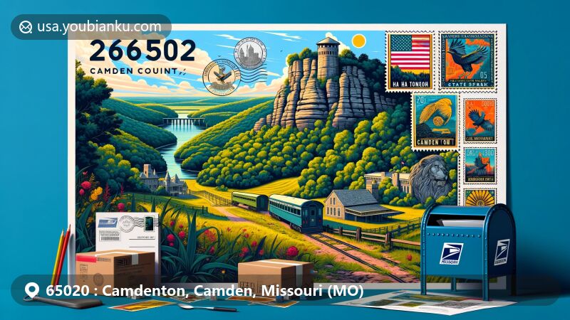Modern illustration of Camdenton, Camden County, Missouri, showcasing postal theme with ZIP code 65020, featuring Ha Ha Tonka State Park and historical castle ruins.