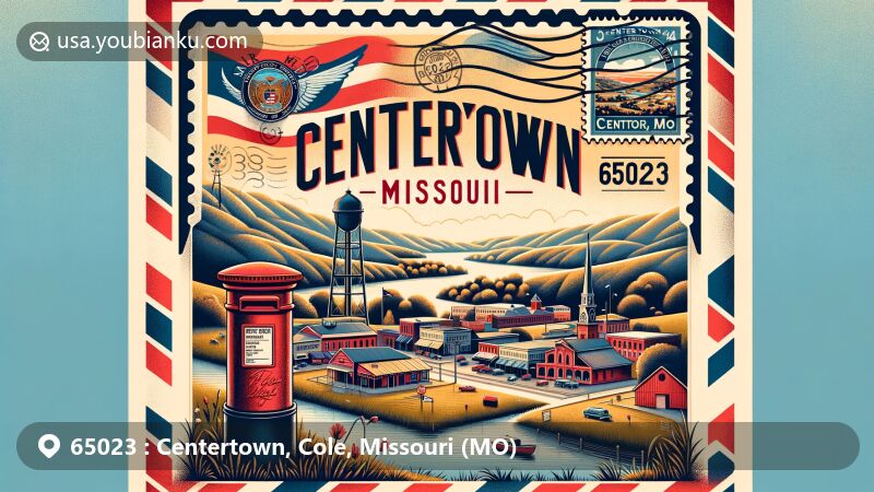 Modern illustration of Centertown, Cole County, Missouri, showcasing postal theme with ZIP code 65023, featuring town charm within Missouri outline and state symbols.