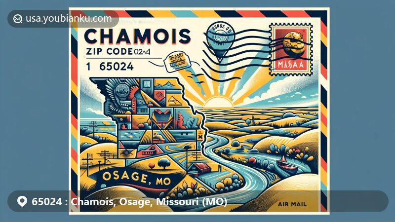 Modern illustration of Chamois, Osage County, Missouri, showcasing postal theme with ZIP code 65024, featuring symbolic references to the Missouri River and classic postal imagery.