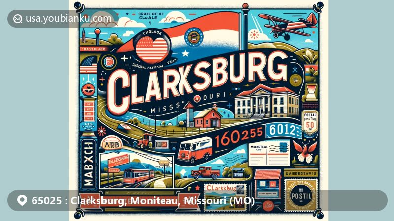 Modern illustration of Clarksburg, Missouri, in Moniteau County, featuring ZIP code 65025, Missouri state flag, Moniteau County outline, and local landmarks.