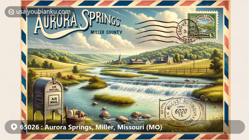 Modern illustration of Aurora Springs, Missouri, blending rural charm with postal elements on a vintage air mail envelope, featuring Saline Creek, rolling hills, and Missouri state flag.