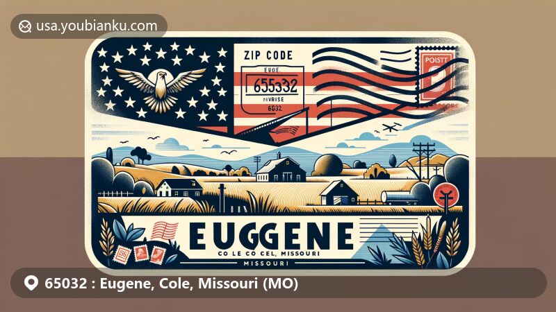 Modern illustration of Eugene, Cole County, Missouri, presenting postal theme with ZIP code 65032, incorporating Missouri state flag and Cole County outline, depicting stamps, postmark, and rural scenery.