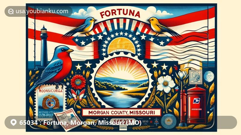 Modern illustration of Fortuna, Morgan County, Missouri, showcasing Missouri state symbols with the state flag, Eastern Bluebird, and White Hawthorn Blossom, along with postal elements like a vintage postcard format and ZIP code 65034.