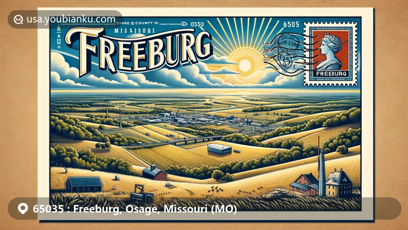 Modern illustration of Freeburg area in Osage County, Missouri, showcasing agricultural and natural beauty, with state symbols and vintage postal elements.