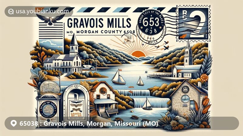Modern illustration of Gravois Mills, Morgan County, Missouri, inspired by ZIP code 65038, featuring air mail-style envelope with Lake of the Ozarks, map outline of Morgan County, Old St. Patrick's Church, local flora and fauna, vintage stamps, postal mark, and classic mailbox.