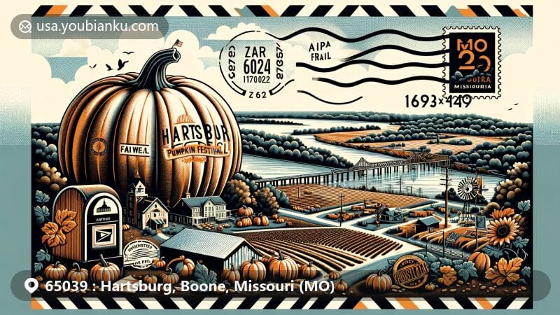 Modern illustration of Hartsburg, Missouri, representing the Hartsburg Pumpkin Festival and agricultural heritage with pumpkins and farmland scenery, showing postal elements like stamps, postmark '65039,' and an American mailbox.