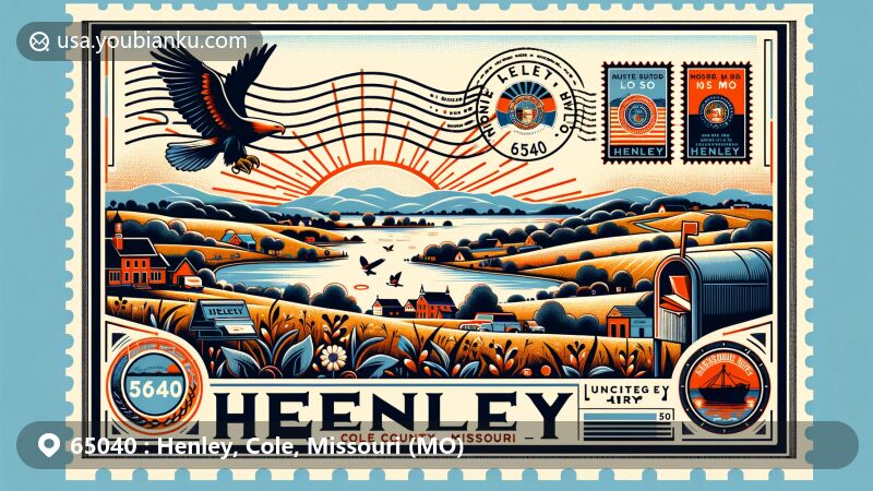 Modern illustration of Henley, Cole County, Missouri, showcasing a creative postcard style with rural landscapes, Henley Lake, vintage air mail envelope, Missouri state flag stamp, 'Henley, MO 65040' postmark, and old-fashioned mailbox.
