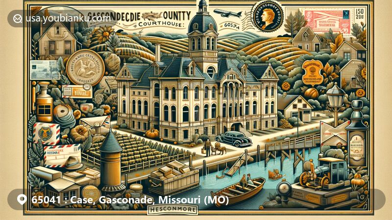 Modern illustration of the Case area in Gasconade County, Missouri, highlighting Hermann and the Gasconade River, featuring the historic Gasconade County Courthouse and Missouri Rhineland architecture.