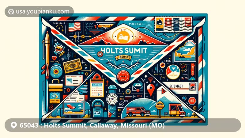 Modern illustration of Holts Summit, Missouri, featuring airmail envelope with ZIP Code 65043, stamps, postmark, map outline, Missouri state elements, Summit Lake Winery symbol, mailbox, and mail van, representing postal service and local culture.