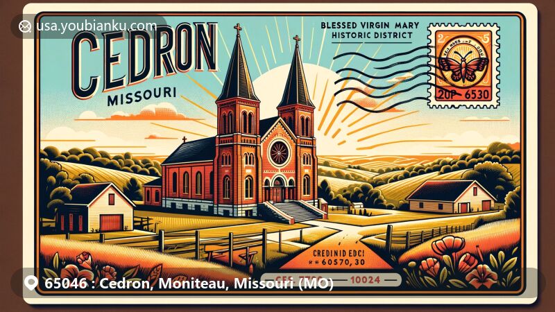 Modern illustration of Cedron, Missouri, Moniteau County, highlighting Assumption of the Blessed Virgin Mary Parish Historic District with iconic bell tower, postal theme featuring ZIP code 65046, and rural landscape.
