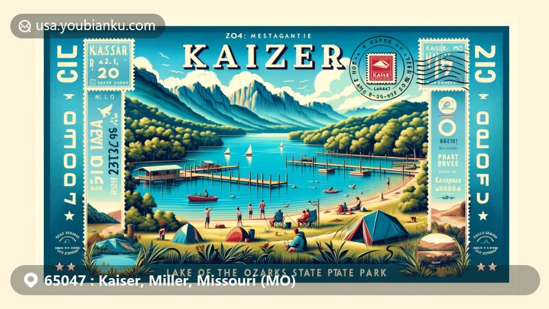 Modern illustration of Lake of the Ozarks State Park, Missouri, highlighting camping, hiking, and boating activities amidst clear waters, lush greenery, and wildlife, with a stylized postcard design featuring ZIP code 65047 and postal symbols.