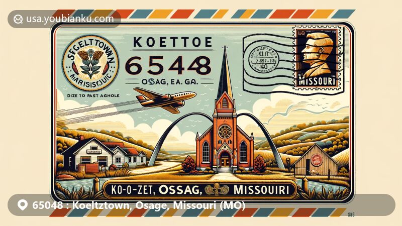 Modern illustration of Koeltztown, Osage County, Missouri, featuring vintage airmail envelope with St. Boniface Catholic Church, Missouri's natural landscapes, and Gateway Arch stamp, highlighting ZIP Code 65048.