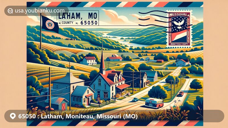 Modern illustration of Latham, Moniteau County, Missouri, featuring rural landscape with ZIP code 65050, including post office, antique shop, and school.