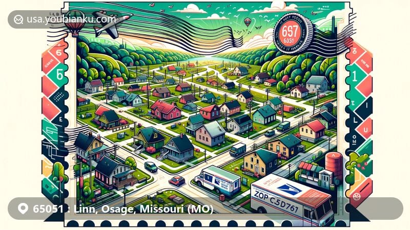 Vibrant illustration capturing the small-town charm of Linn, Missouri, with a focus on ZIP Code 65051 and its connection to the wider world through the postal service.