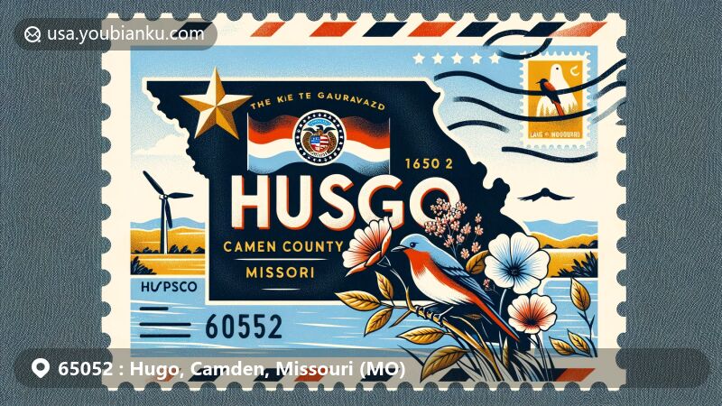 Creative illustration of Hugo, Camden County, Missouri, blending modern postal design with state symbols like the flag, Eastern Bluebird, and White Hawthorn Blossom, including subtle outline of Camden County and Lake of the Ozarks connection.