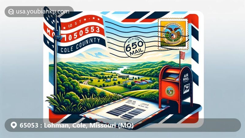 Modern illustration of Lohman, Cole County, Missouri, showcasing postal theme with ZIP code 65053, featuring rolling hills, lush greenery, airmail envelope and vintage postage stamp.