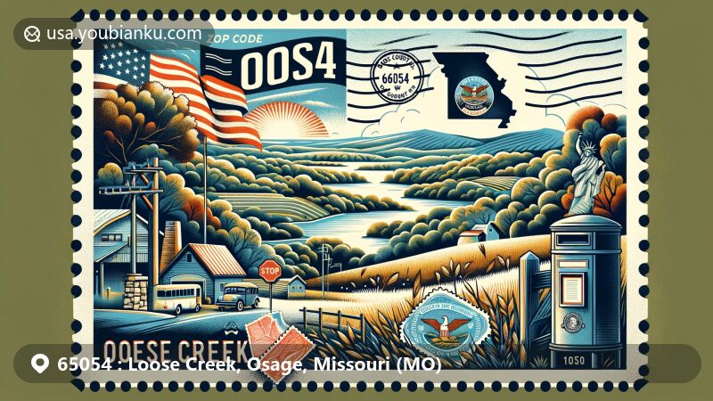 Modern illustration of Loose Creek, Osage County, Missouri, highlighting postal theme with ZIP code 65054, featuring natural beauty and rural charm of the area, including the Missouri state flag and vintage postage elements.