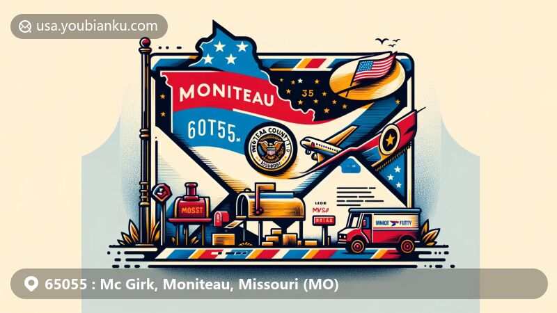 Modern illustration featuring vintage and modern blend with airmail envelope for ZIP Code 65055, showcasing Moniteau County, Missouri outline, state flag, postal stamp, and classic postal elements.