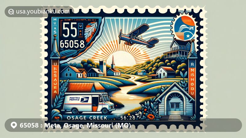 Modern illustration of Meta, Osage County, Missouri, blending tranquil landscape with postal themes, featuring Sugar Creek, Osage River, and small-town charm, incorporating air mail envelope, vintage postage stamp, and postal truck.