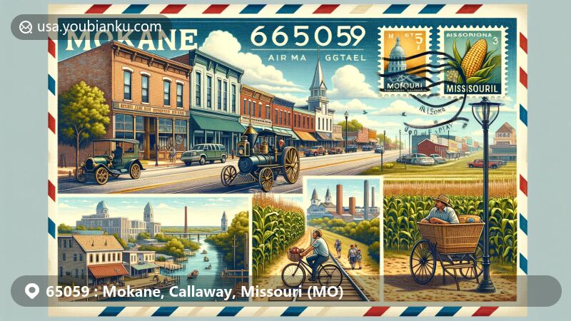Creative illustration of Mokane, Missouri, in Callaway County, ZIP code 65059, resembling an air mail envelope, showcasing downtown area, farmlands, Katy Trail, and nods to town's history as Smith's Landing and St. Aubert.