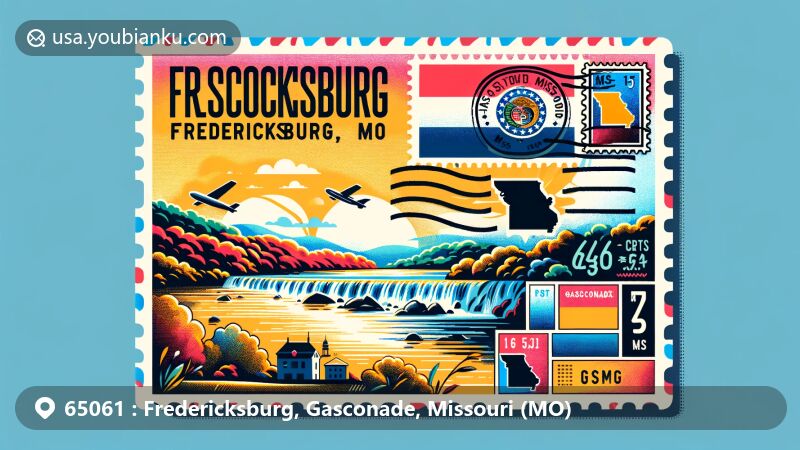 Modern illustration of Fredericksburg, Gasconade County, Missouri, featuring scenic view of Gasconade River and Missouri state flag on air mail envelope.