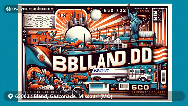 Modern illustration of Bland, Gasconade County, Missouri, featuring postal code 65062 and town's connection to U.S. Congressman Richard Parks Bland and indie film SCP: Overlord.