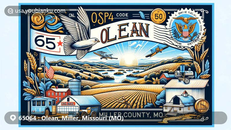 Modern illustration of Olean, Miller County, Missouri, featuring air mail envelope with postal theme, showcasing Missouri state flag and rural landscape, including Lake of the Ozarks.