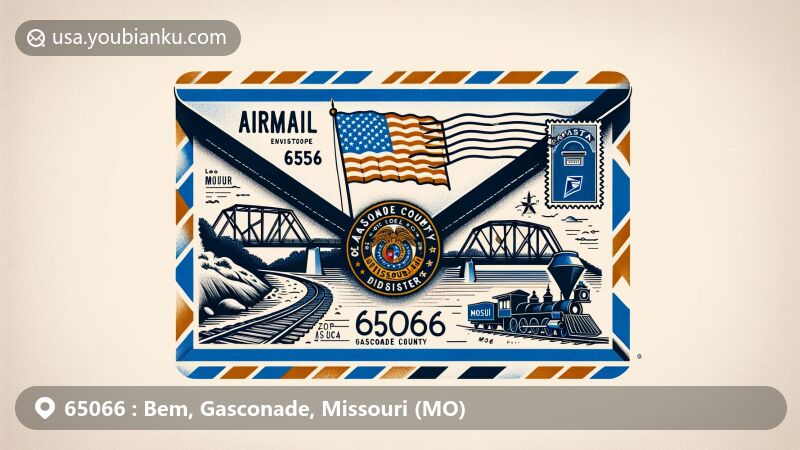 Modern illustration of Bem, Gasconade County, Missouri, with airmail envelope background, showcasing state flag, railway disaster site of 1855, vintage postal stamp with ZIP code 65066, postmark, and mailbox.