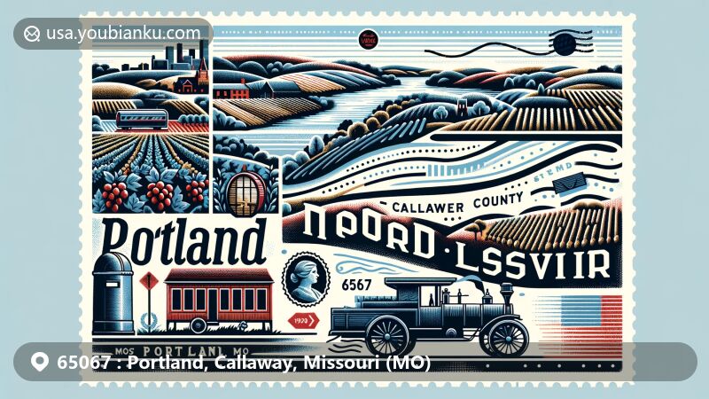 Modern illustration of Portland, Callaway County, Missouri, featuring the ZIP code 65067, showcasing regional and postal themes with Missouri River, rolling hills, vineyards, vintage postal stamp, postmark 'Portland, MO 65067', and old-fashioned mail carriage.