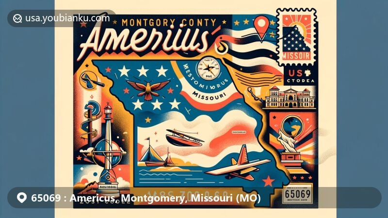 Modern illustration of Americus community, Montgomery County, Missouri, featuring postal theme with ZIP code 65069, incorporating 1867 postal mark, Missouri state outline, and colors from the state flag.