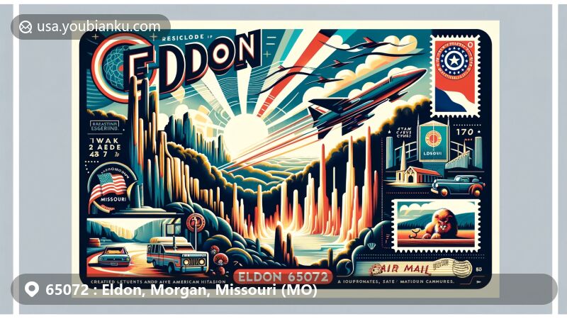 Modern wide-format illustration of Eldon, Missouri, ZIP Code 65072, featuring landmark Stark Caverns with cave formations, Native American relics, and Missouri state symbols.