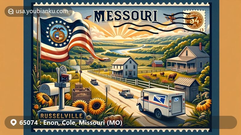 现代插画，展示密苏里州Cole县Enon和Russellville地区，融合邮政主题，包括65074邮政编码，密苏里州象征，乡村风光和社区联系。