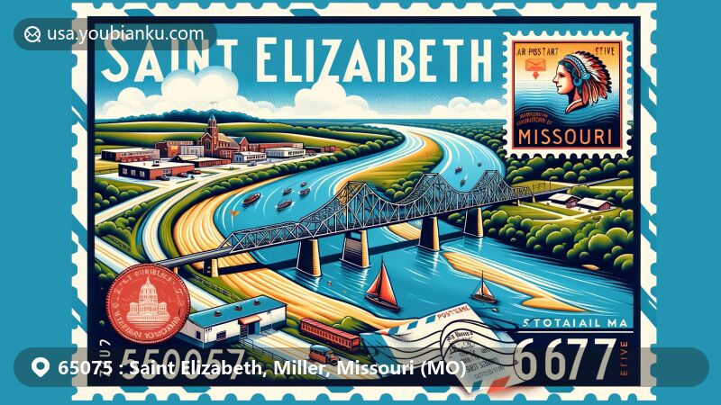 Modern illustration of Saint Elizabeth, Missouri, showcasing postal theme with ZIP code 65075, featuring vintage air mail envelope with Missouri state flag stamp.