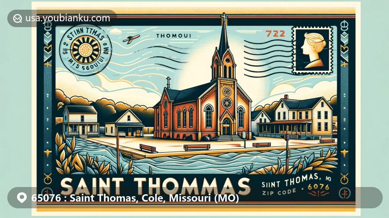 Modern illustration of Saint Thomas, Cole County, Missouri, showcasing postal theme with ZIP code 65076, featuring Saint Thomas the Apostle Catholic Church and tranquil small town scenery.