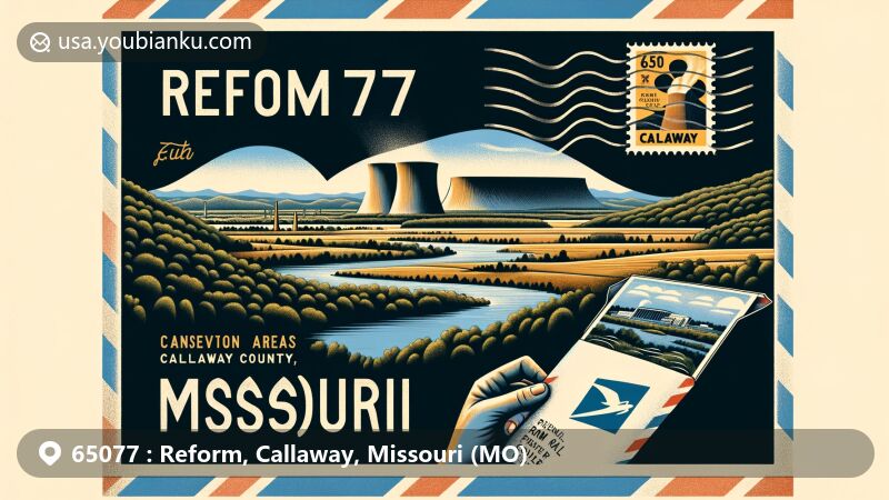 Modern illustration of Reform, Callaway County, Missouri, showcasing postal theme with ZIP code 65077, featuring Reform Conservation Area, Missouri River, and vintage air mail elements.