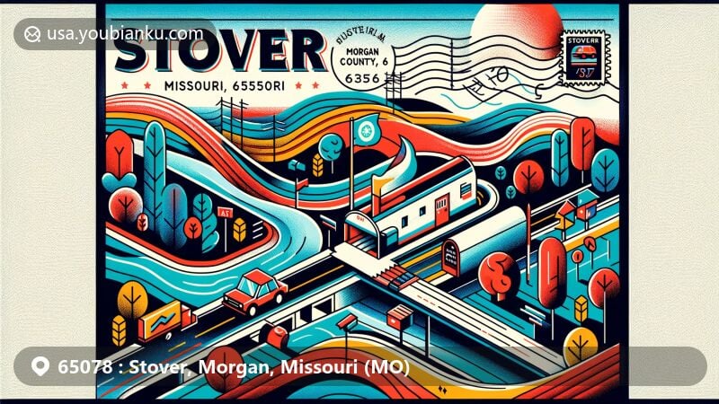 Modern illustration of Stover, Morgan County, Missouri, showcasing postal theme with ZIP code 65078, featuring mail truck and Missouri routes 52 and 135, highlighting small-town charm and natural surroundings without bodies of water.