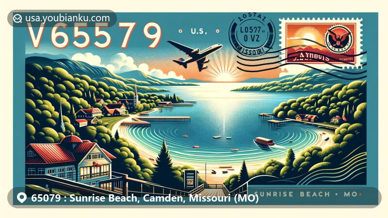 Modern illustration of Sunrise Beach, Camden County, Missouri, capturing the scenic beauty of Lake of the Ozarks, incorporating a creative postcard theme with ZIP code 65079.