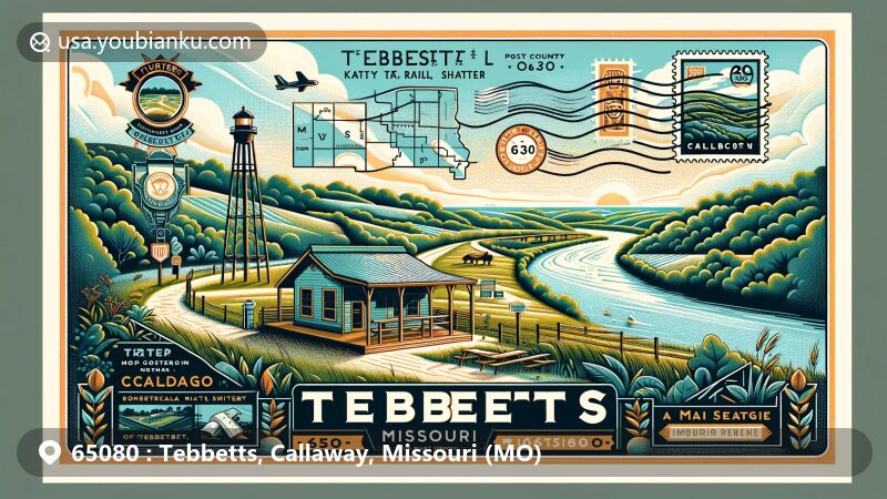 Modern illustration of Tebbetts, Callaway County, Missouri, showcasing Turner Katy Trail Shelter and postal theme with ZIP code 65080, featuring Missouri River floodplain and Callaway County map outline.