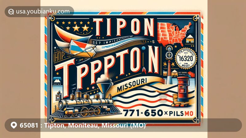 Vintage air mail envelope illustration for Tipton, MO (ZIP code 65081) in Moniteau County, Missouri. Features Missouri symbol on postal stamp and German-American heritage elements.