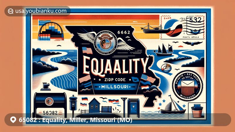 Modern illustration of Equality, Miller, Missouri, showcasing postal theme with ZIP code 65082, featuring Missouri state flag, state outline, and natural beauty with rivers and hills.