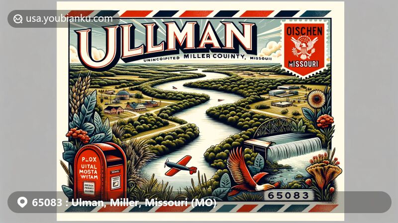 Vintage-style illustration of Ulman, Miller County, Missouri, within an airmail envelope, showcasing Osage River and local flora, featuring Missouri state flag and postal box with ZIP code 65083.